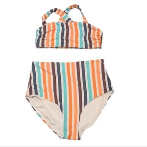Senita Athletics Page High Waisted Bottoms Pima Swim Top Retro Stripe Bikini Med